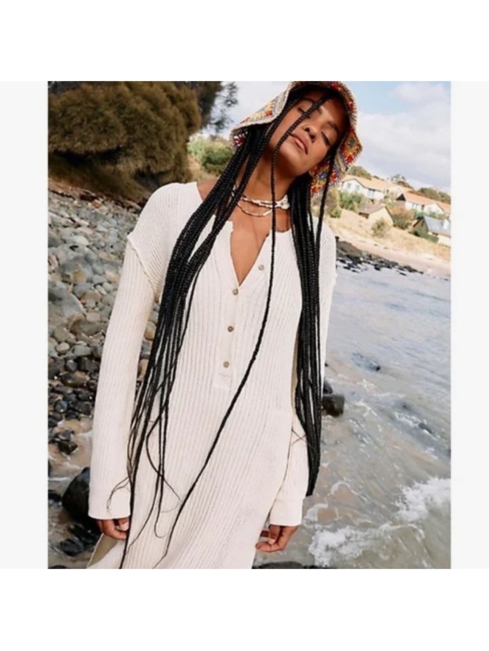 Free People Beach Freefall dress. Cream Ribbed Button-Front Knit Dress